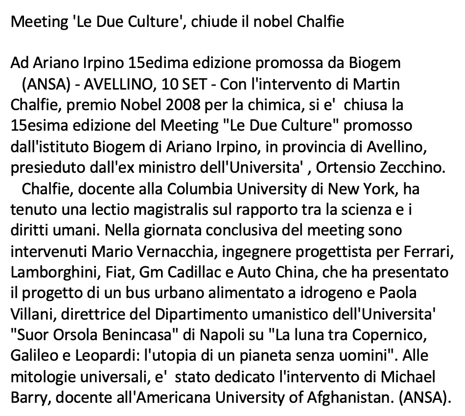 Meeting 'Le Due Culture', chiude il nobel Chalfie